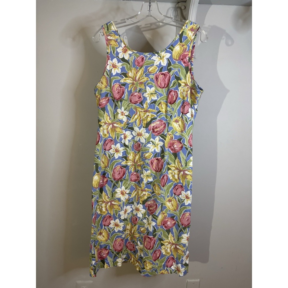 VTG LAURA ASHLEY Blue Pink Floral Tank Sheath‎ Dress 12 Tulips Daffodils